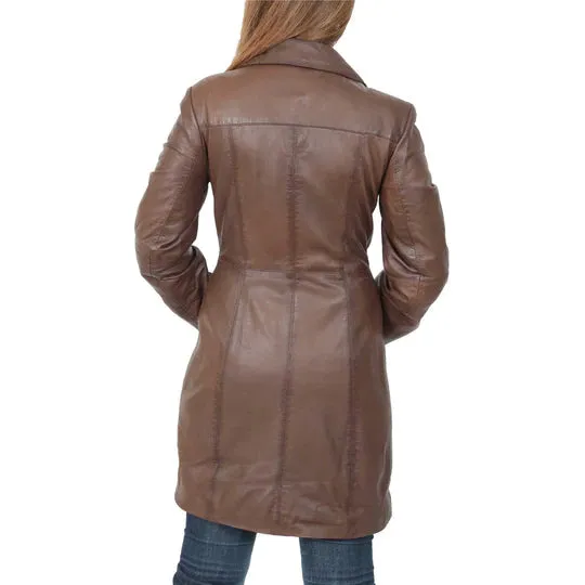 Women's 3/4 Length  Button Fasten Leather Coat