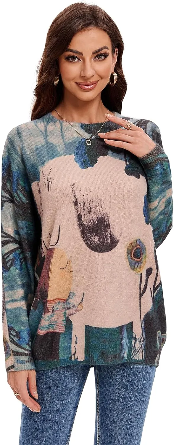 Womens Christmas Sweater Graphic Oversized Pullover Sweaters Casual Loose Long Sleeve Knit Sweater for Women