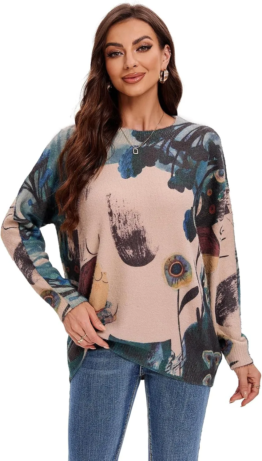 Womens Christmas Sweater Graphic Oversized Pullover Sweaters Casual Loose Long Sleeve Knit Sweater for Women
