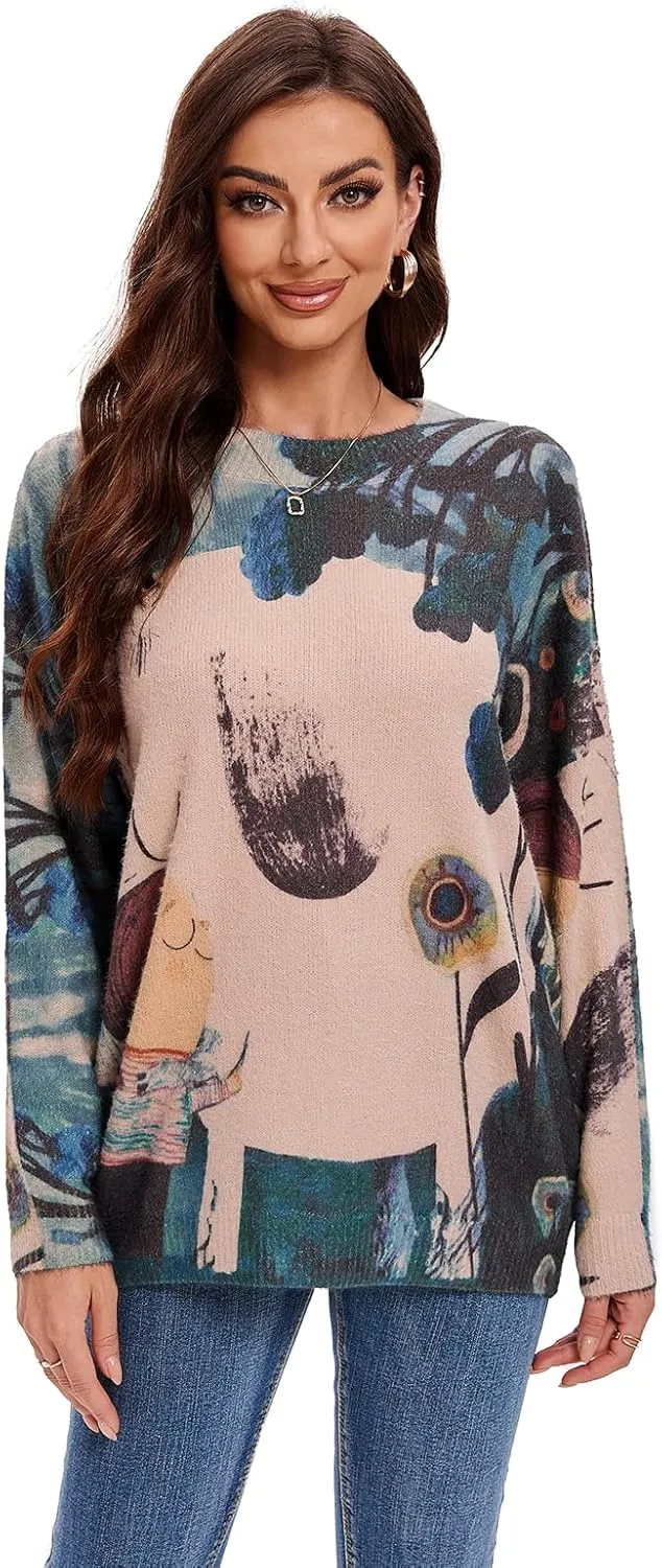 Womens Christmas Sweater Graphic Oversized Pullover Sweaters Casual Loose Long Sleeve Knit Sweater for Women