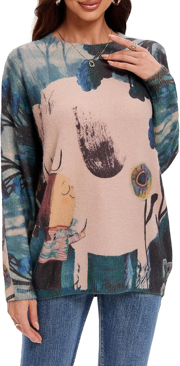 Womens Christmas Sweater Graphic Oversized Pullover Sweaters Casual Loose Long Sleeve Knit Sweater for Women