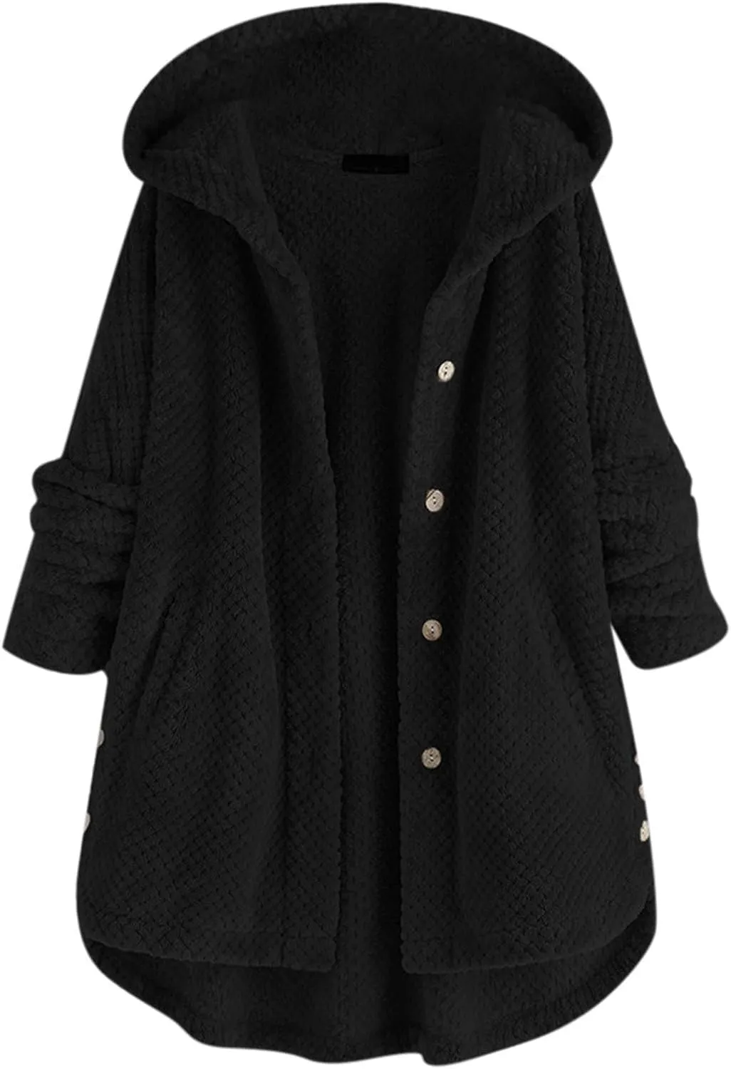 Womens Fleece Coats Casual Solid Hooded Jacket Oversized Long Sleeve Button Down Cardigan Coat Winter Soft Warm Outwear