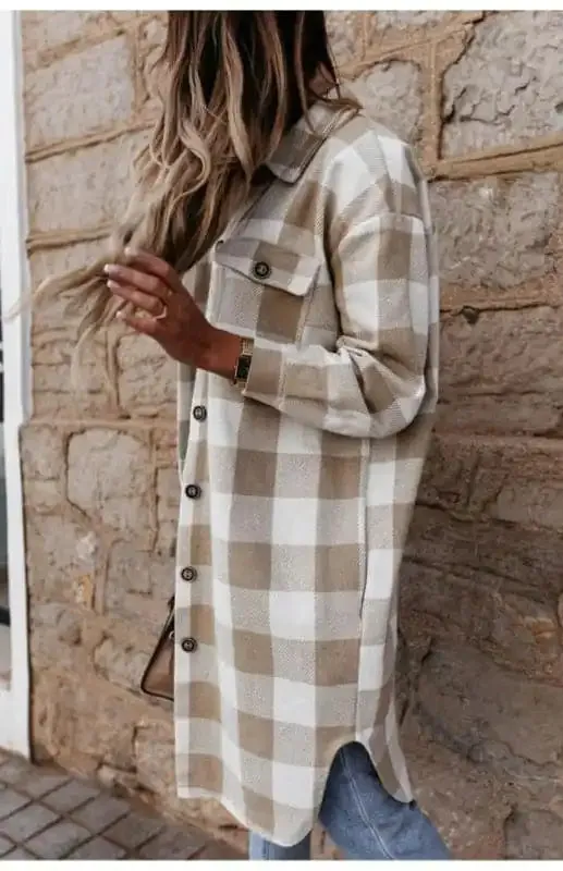 Women’S Long Plaid Shirt, Large Coat