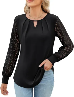 Womens Long Sleeve Shirts Lace Tops Business Casual Fall Fashion Outfits Clothes Knitted Blouses Shirt Casual Loose T Shirts Blouses(XL, Black)