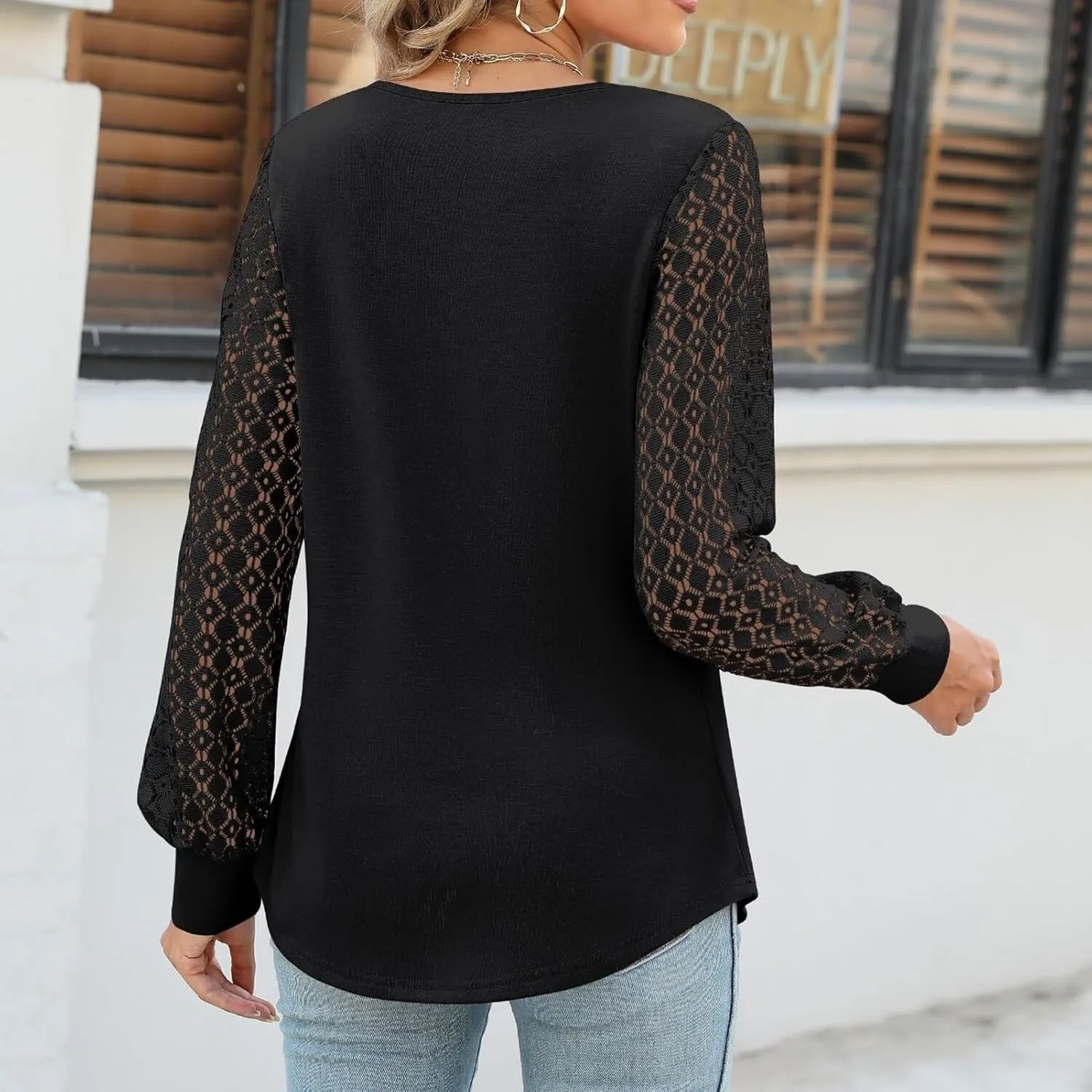 Womens Long Sleeve Shirts Lace Tops Business Casual Fall Fashion Outfits Clothes Knitted Blouses Shirt Casual Loose T Shirts Blouses(XL, Black)