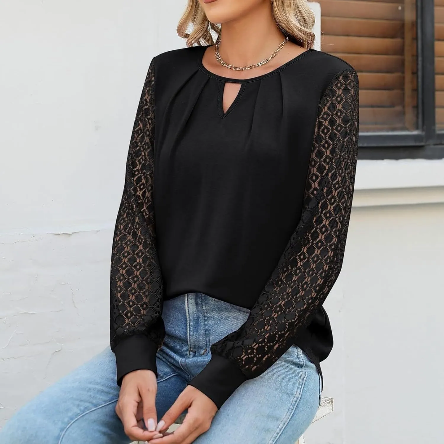 Womens Long Sleeve Shirts Lace Tops Business Casual Fall Fashion Outfits Clothes Knitted Blouses Shirt Casual Loose T Shirts Blouses(XL, Black)