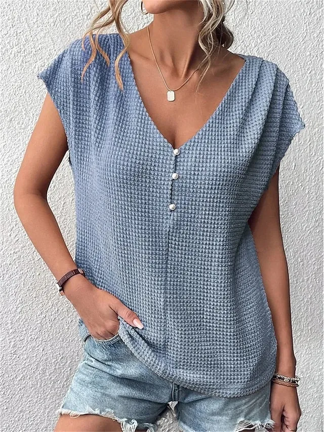 Women's Pullover Sweater Jumper Jumper Waffle Knit Button Pure Color V Neck Stylish Casual Outdoor Daily Batwing Sleeve Summer Spring Pink Blue S M L