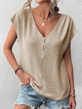 Women's Pullover Sweater Jumper Jumper Waffle Knit Button Pure Color V Neck Stylish Casual Outdoor Daily Batwing Sleeve Summer Spring Pink Blue S M L