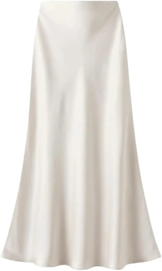 Women's Summer High Waisted Slim Elegant Satin Skirt Elastic Waist Mid-Length Party Wedding Skirts