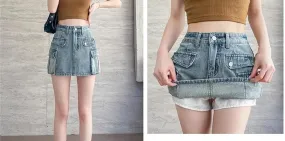 Women's Vintage High Waisted Cargo Denim Mini Skirt Summer Lined Multi - Pocket Short Skirt