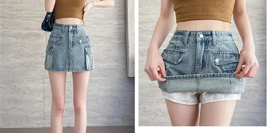 Women's Vintage High Waisted Cargo Denim Mini Skirt Summer Lined Multi - Pocket Short Skirt