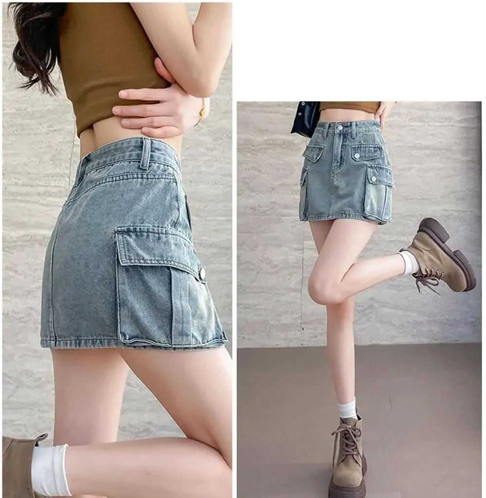 Women's Vintage High Waisted Cargo Denim Mini Skirt Summer Lined Multi - Pocket Short Skirt