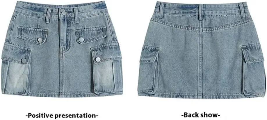 Women's Vintage High Waisted Cargo Denim Mini Skirt Summer Lined Multi - Pocket Short Skirt