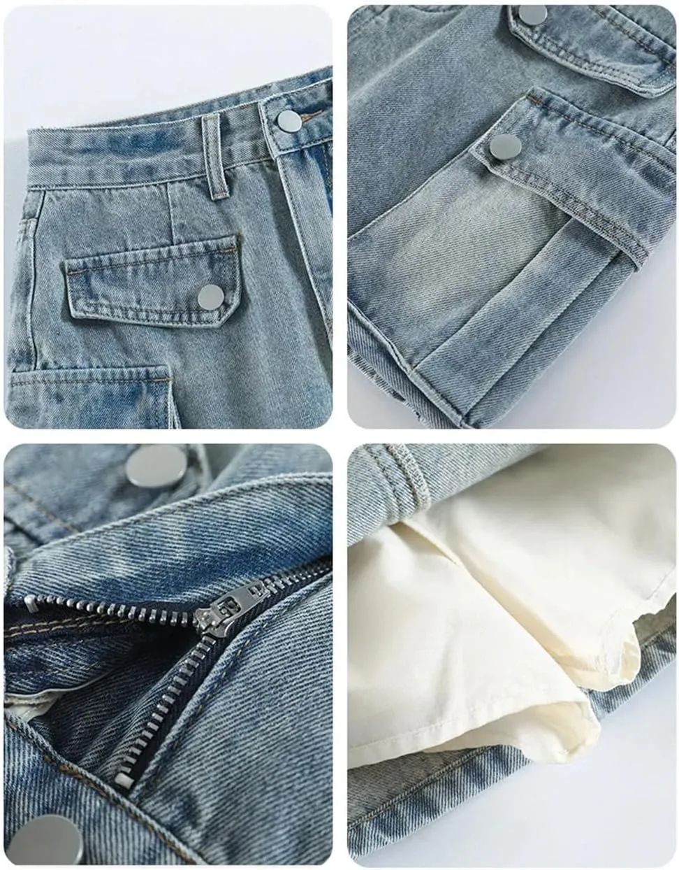 Women's Vintage High Waisted Cargo Denim Mini Skirt Summer Lined Multi - Pocket Short Skirt