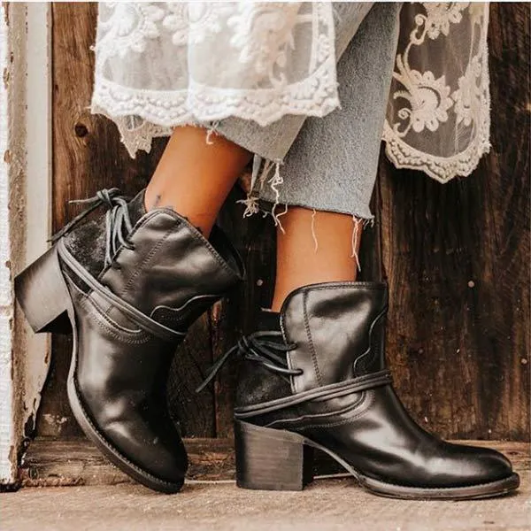 Women'S Vintage Lace Up Chunky Heel Booties 01739803C