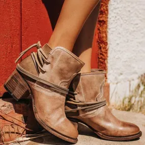 Women'S Vintage Lace Up Chunky Heel Booties 01739803C