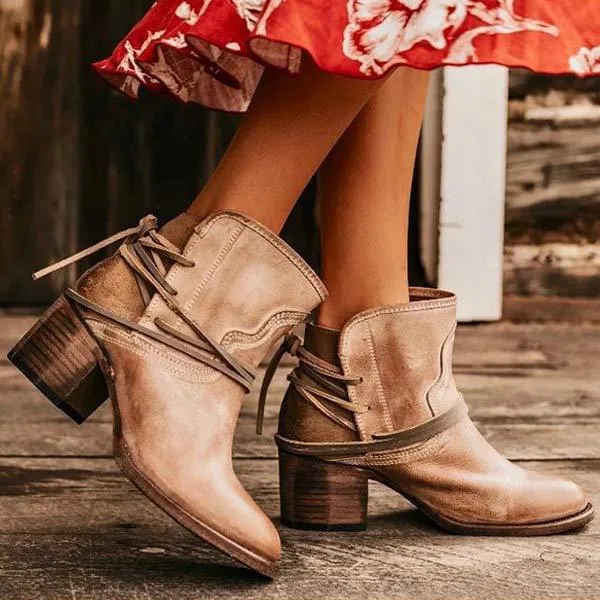 Women'S Vintage Lace Up Chunky Heel Booties 01739803C
